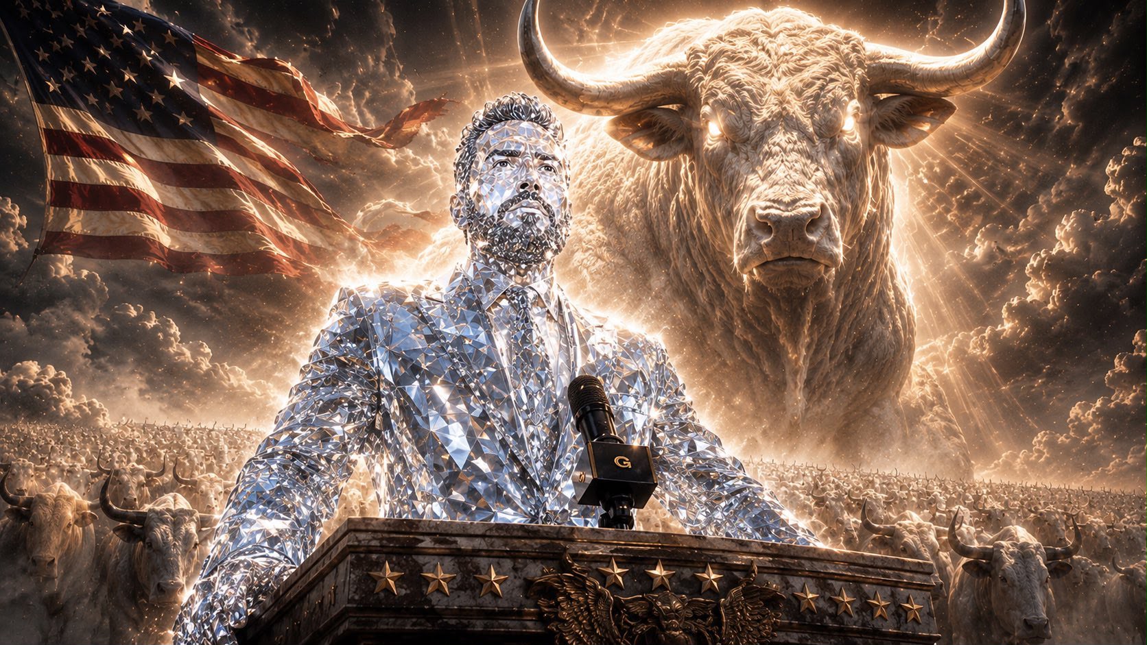 A diamond-encrusted David Gokhshtein at a podium before a glowing White Bull and a vast herd, American flag waving beside him