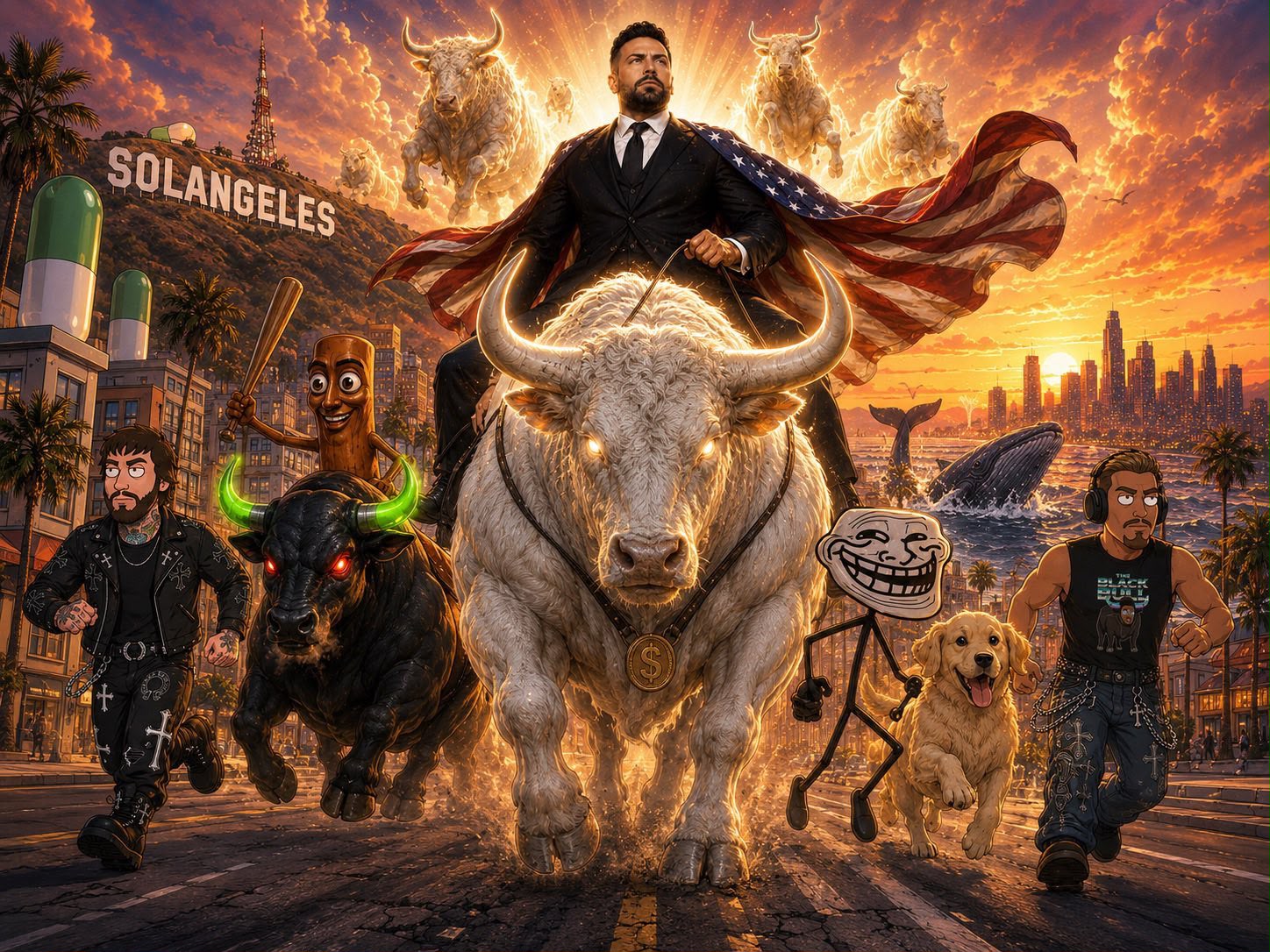 An illustrated David Gokhshtein in an American-flag cape riding the White Bull through a 'Solangeles' skyline, leading a crowd of community mascot characters
