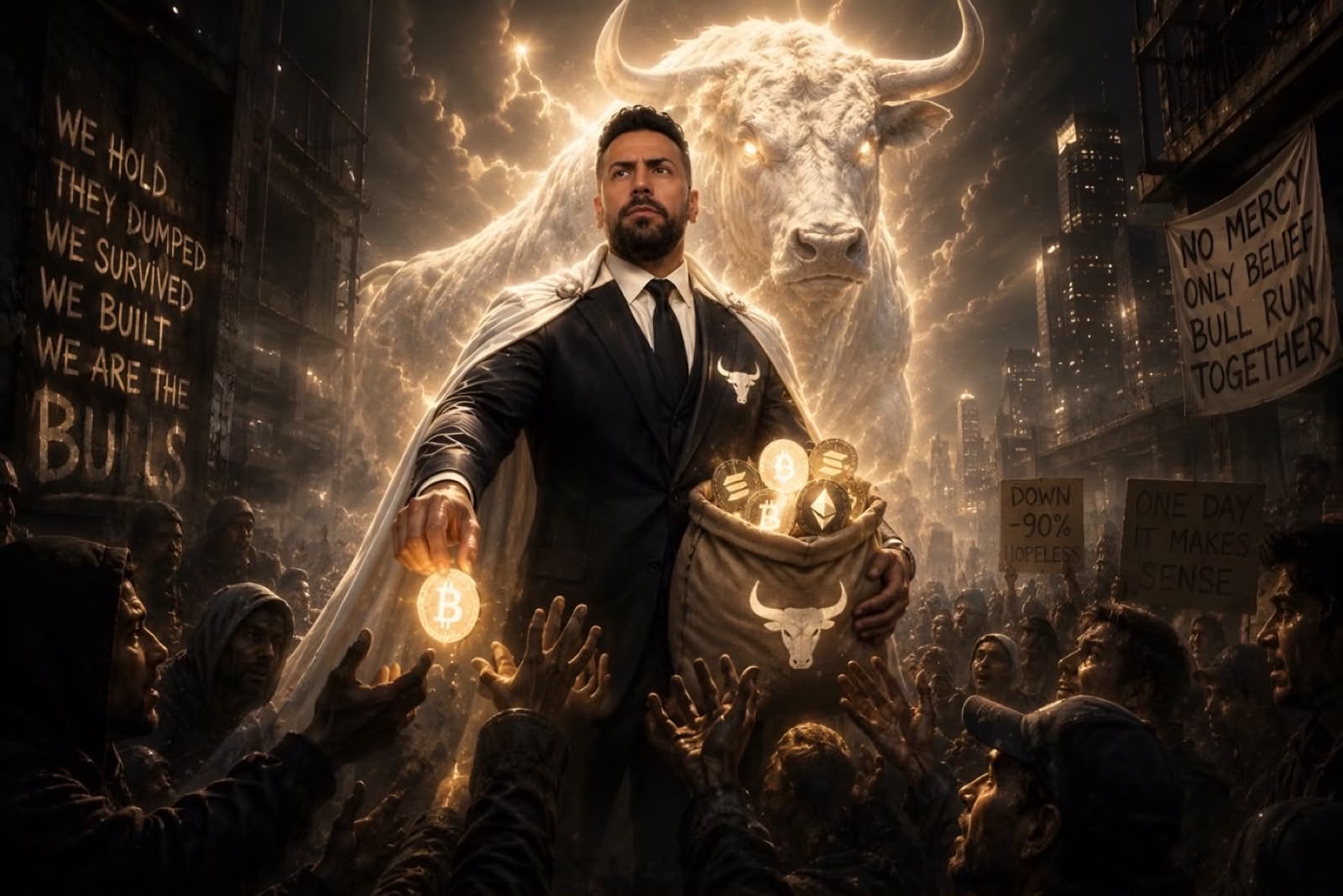 David Gokhshtein in a suit handing out gold coins to a reaching crowd on a dark city street, a massive glowing White Bull looming behind him, graffiti reading 'WE HOLD THEY DUMPED WE SURVIVED WE BUILT WE ARE THE BULLS' and protest signs reading 'NO MERCY ONLY BELIEF BULL RUN TOGETHER'